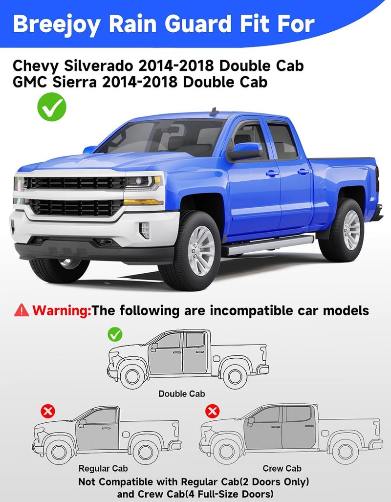 Breejoy in-Channel Rain Guards Fit for Truck Chevy Silverado/GMC Sierra 2014-2018 Double Cab Window Rain Guards Visors Vent Visors Window Deflector Vent Shades Car Accessories -4 pcs - Image 3
